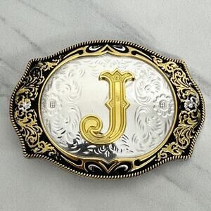 Western J Initial Monogram Belt Buckle Two Tone Silver Gold Scrollwork ✨